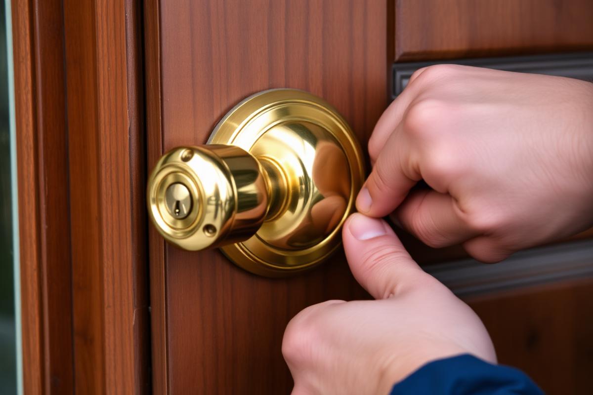 Brass deadbolt being installed on a wooden residential door