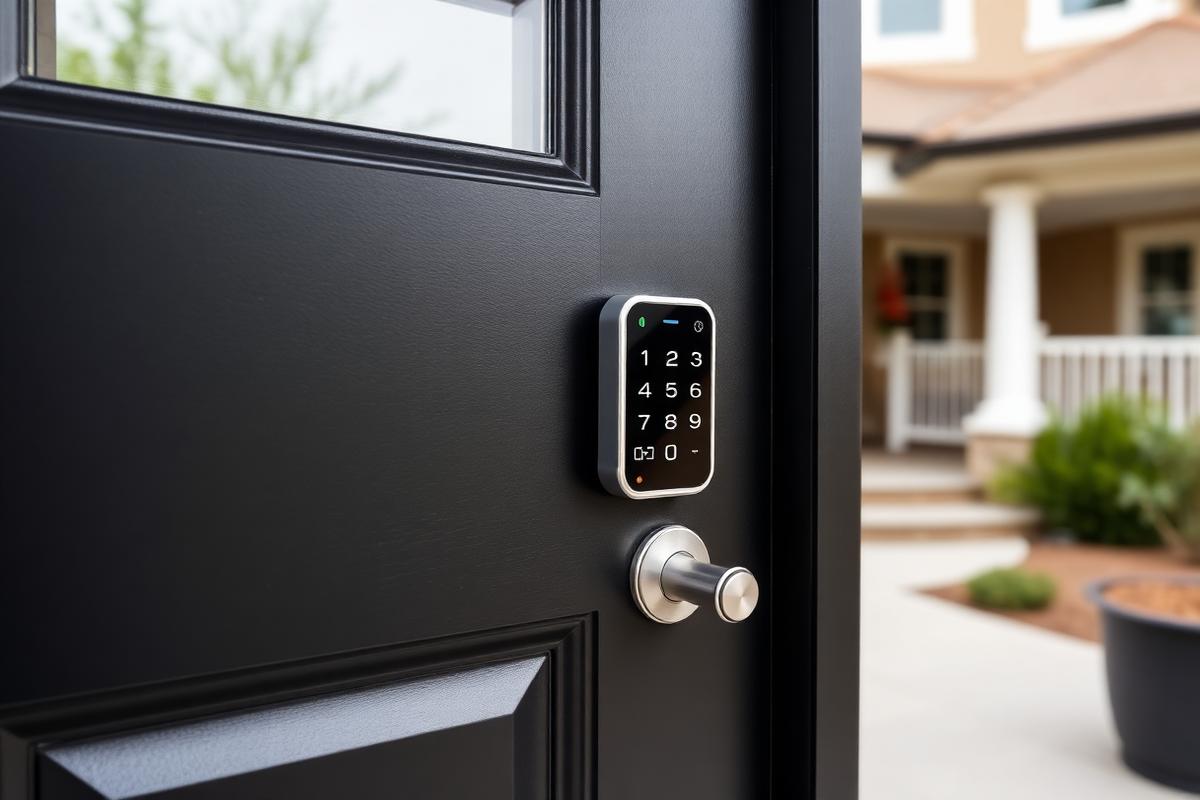 Modern keypad smart lock on a black front door
