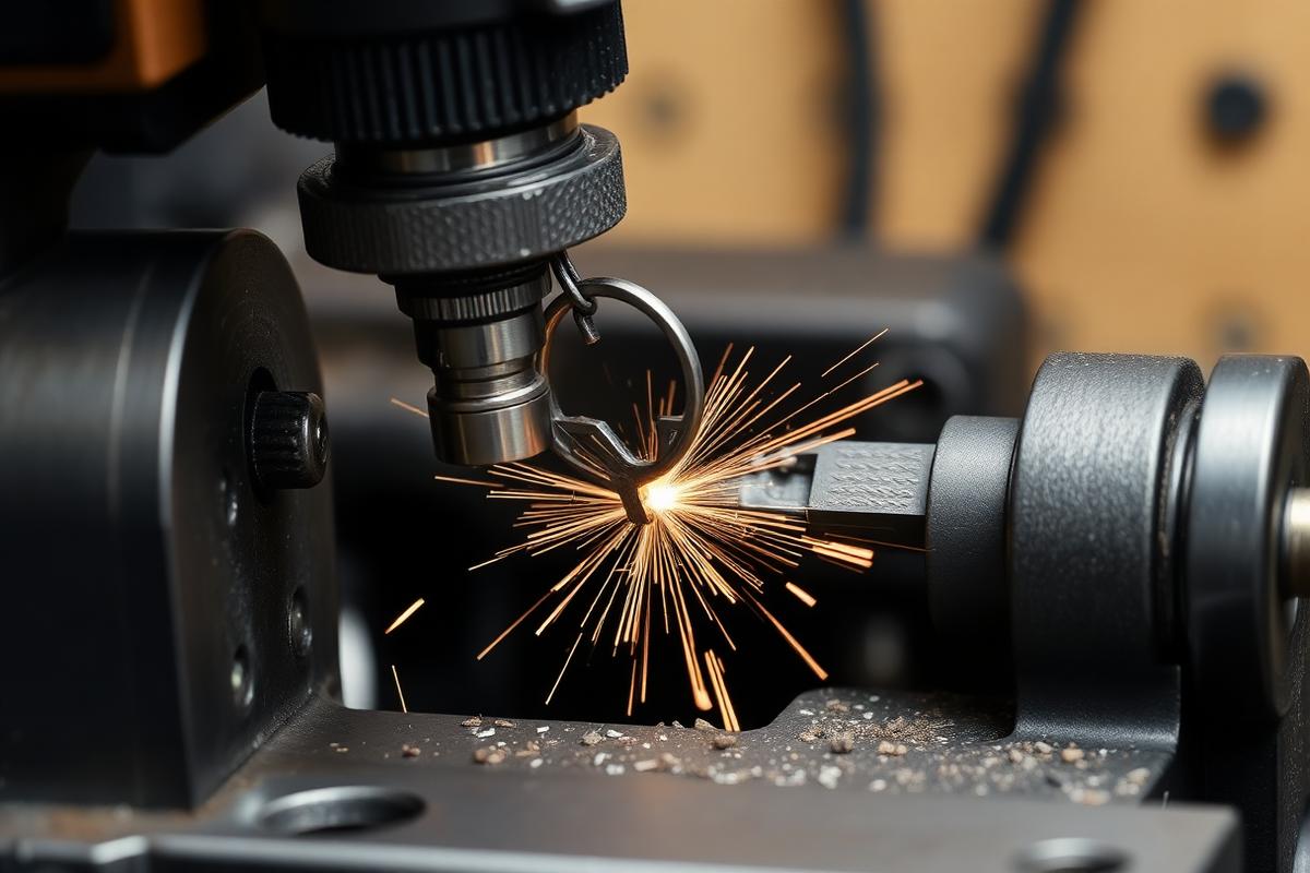 Precision key cutting machine in a locksmith workshop