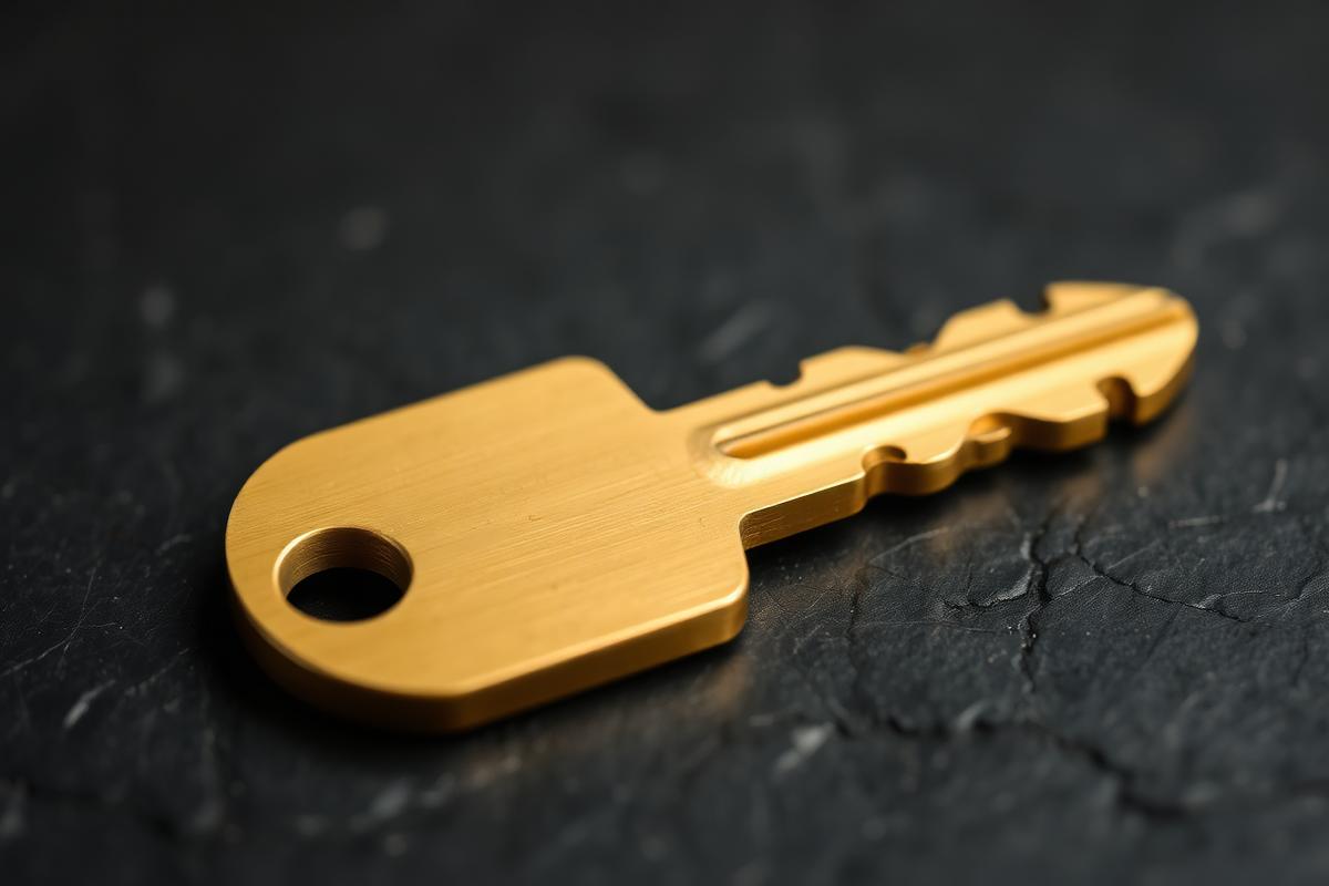 Polished brass house key on a slate work surface