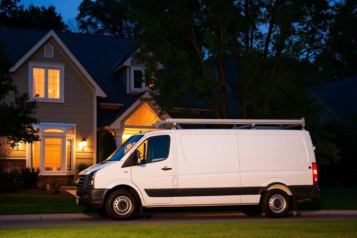 Locksmith service van parked outside a suburban home at dusk