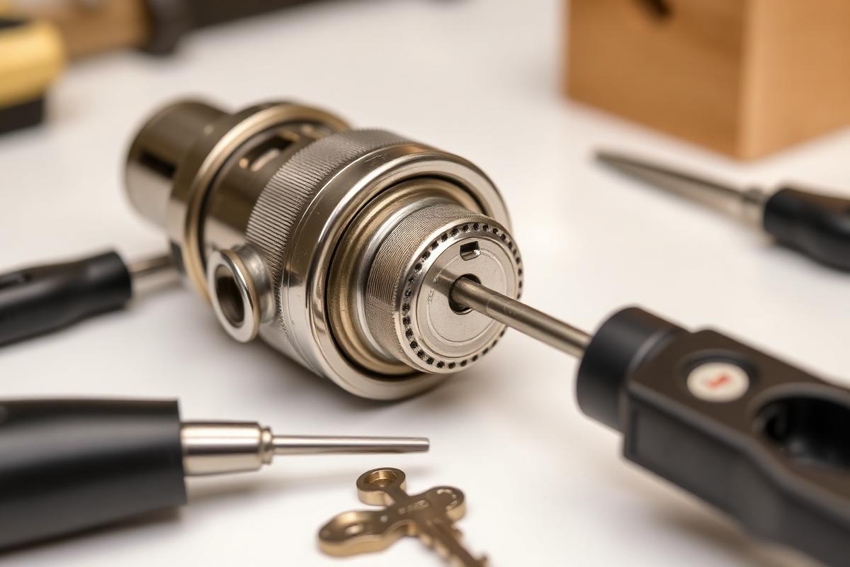 High-security lock cylinder being rekeyed with locksmith tools